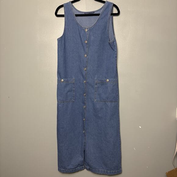 1990s Long Denim Bib Dress Vintage 90s Blue Jean Midi Pinafore True Blue Medium - Picture 1 of 10